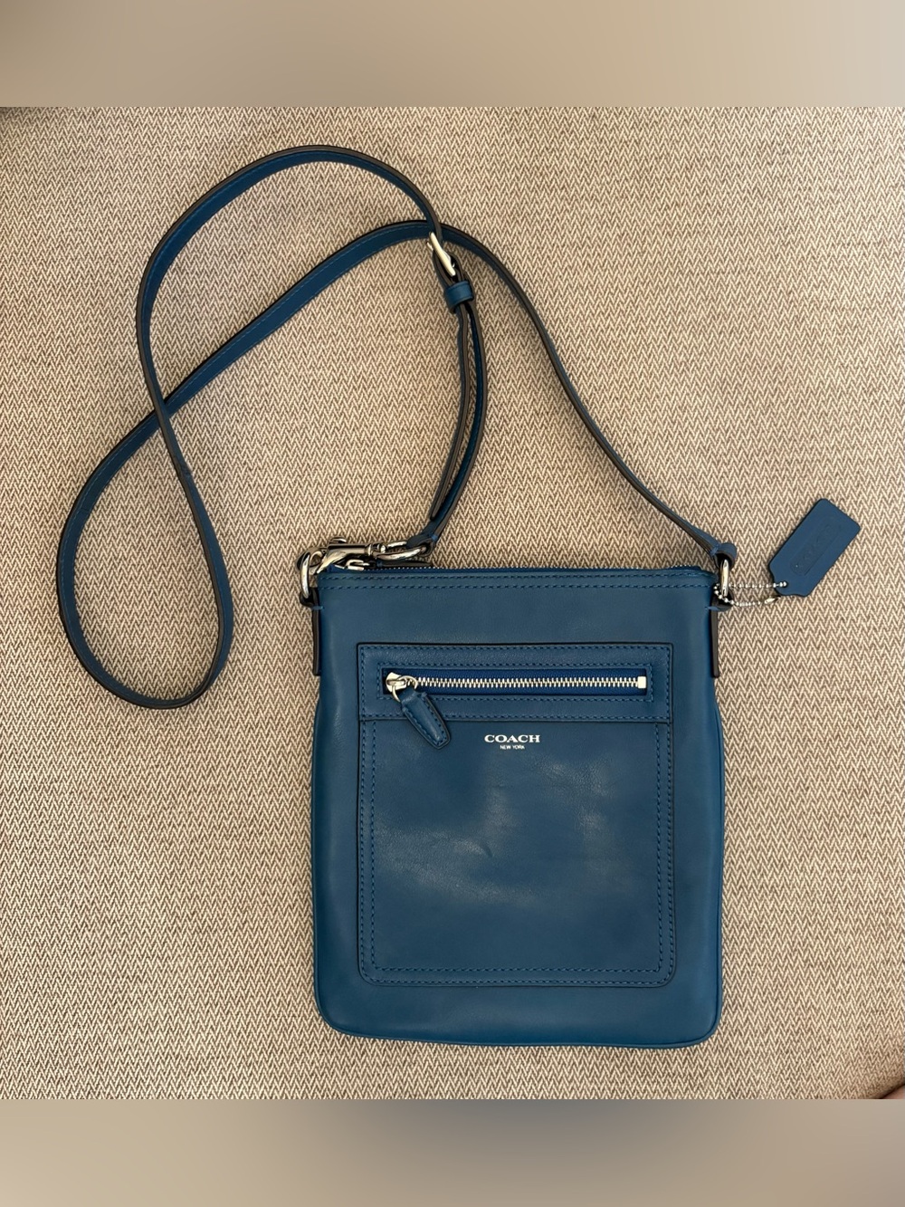 Coach Teal Blue Leather North South Swingpack Crossbody Bag Silver HW & Hang Tag